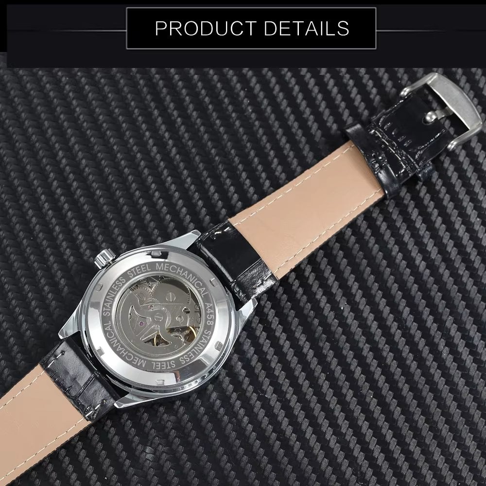 Ceas barbatesc Winner CS1730, automatic, piele naturala, negru, cadran negru