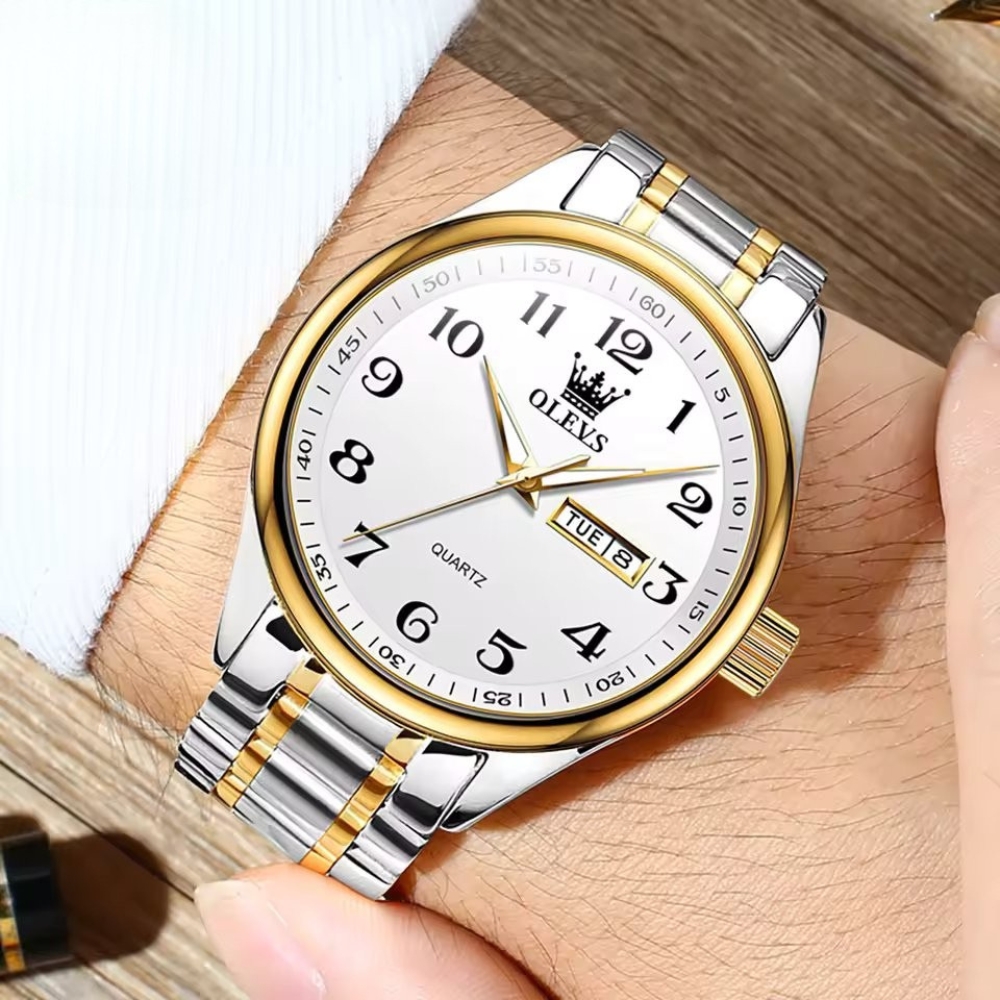Ceas brbatesc Olevs CS1535, otel inoxidabil, argintiu-auriu, cadran alb - imagine 3