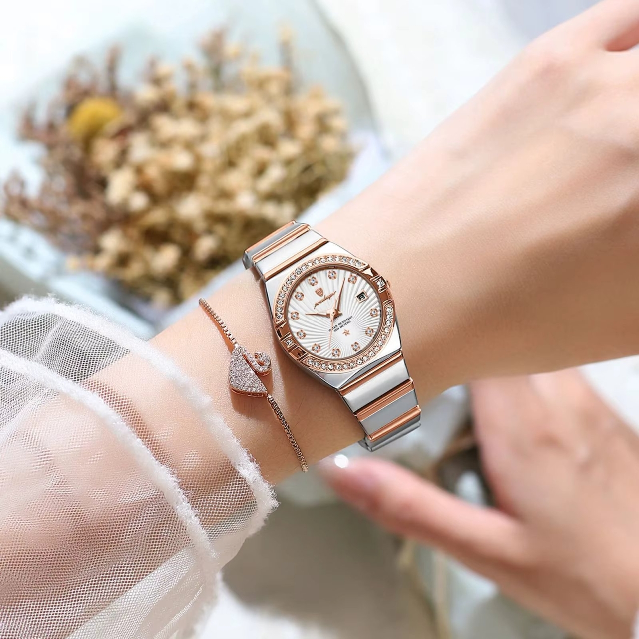 Ceas de dama Poedagar CS1865, otel inoxidabil, argintiu-rose gold, cadran negru