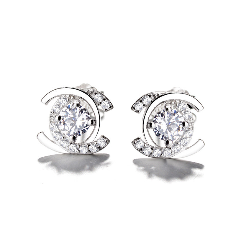 Cercei damă argint 925 placat cu rodiu, zirconiu, model floral, alb