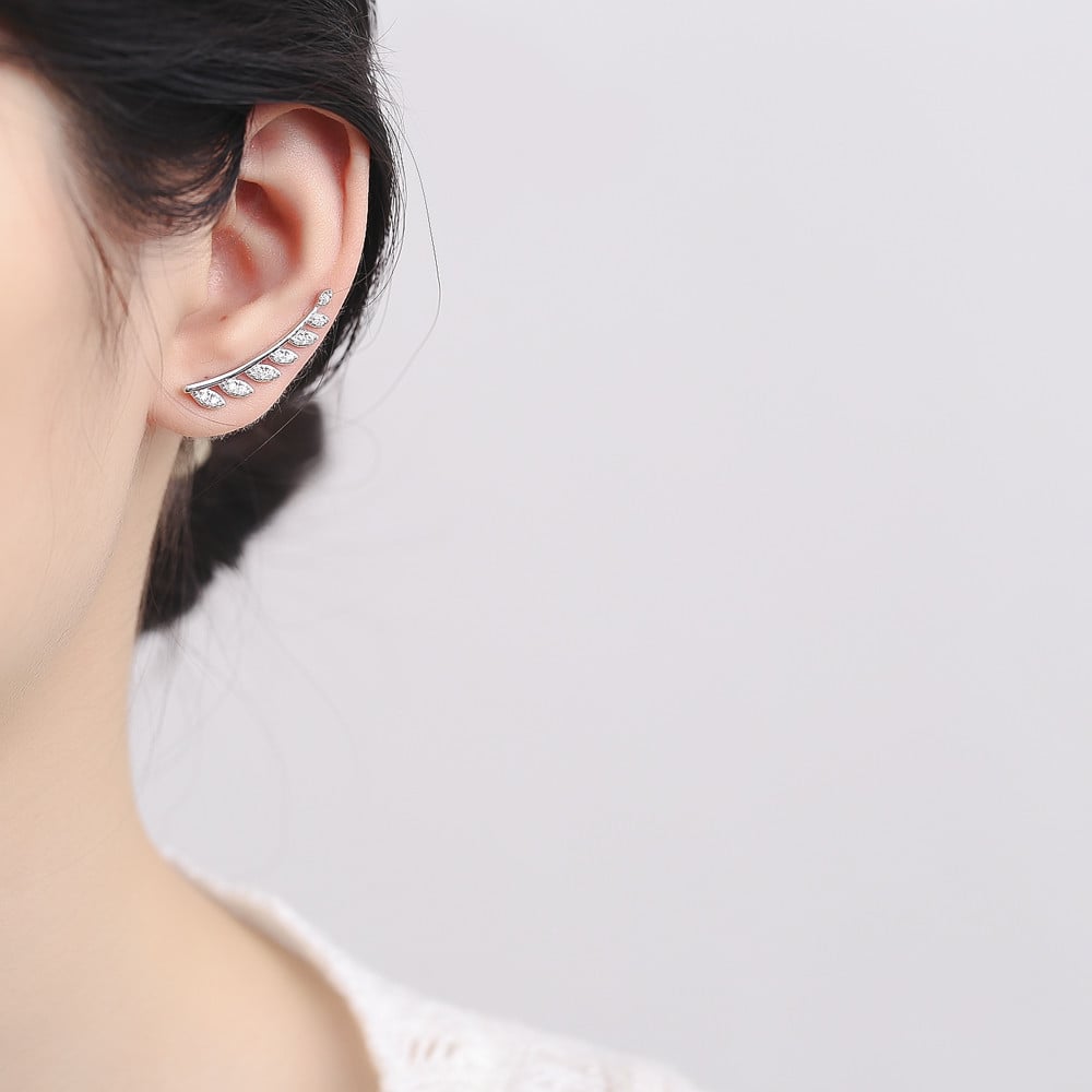 Cercei ear cuffs argint 925, JW679, model frunze, placat cu rodiu - 1 | YEO