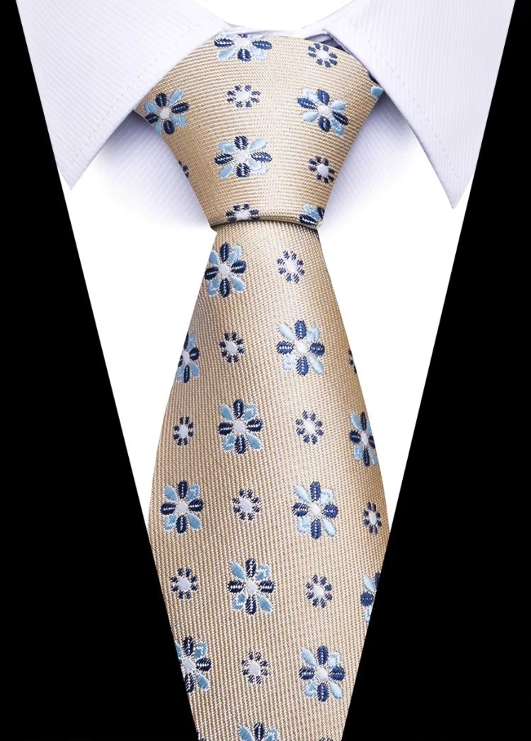 Cravată bărbați, imprimeu floral albastru, crem, CR112
