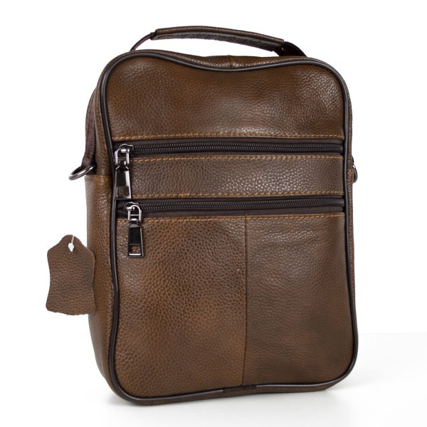 Geantă bărbați piele naturală, crossbody cu buzunare cu fermoar, maro — imaginea 5