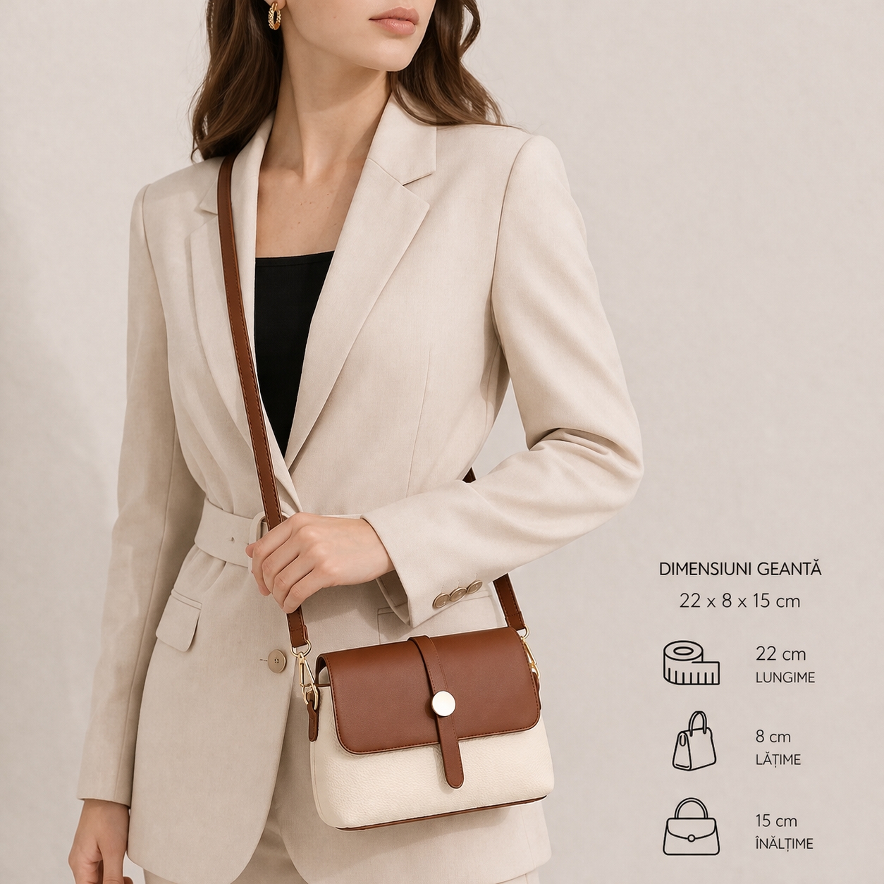Geantă damă crossbody piele, clapetă cu capsă, curea lungă, crem cu maro — imaginea 2