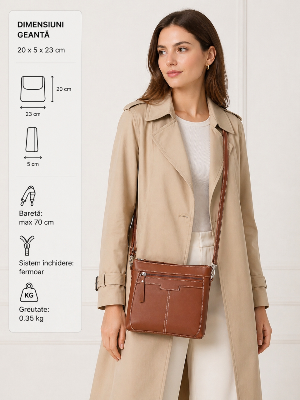 Geanta de dama, Claudie GT3883, piele naturala, Cognac - imagine 2