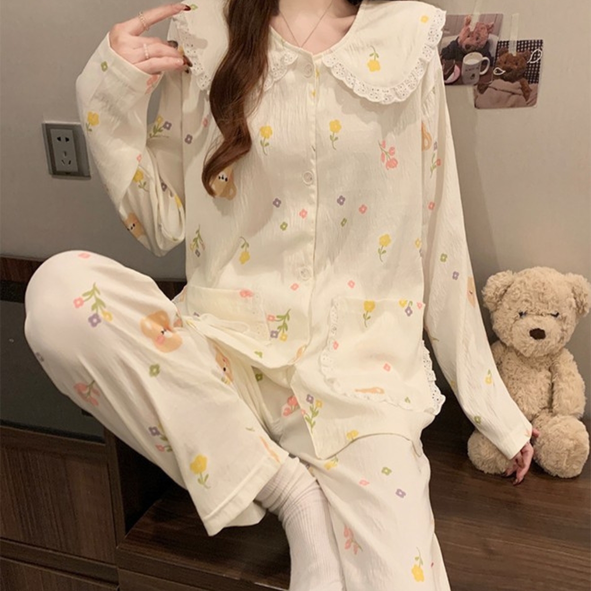 Pijama dama cu guler mare, din doua piese, PJ015, Bej