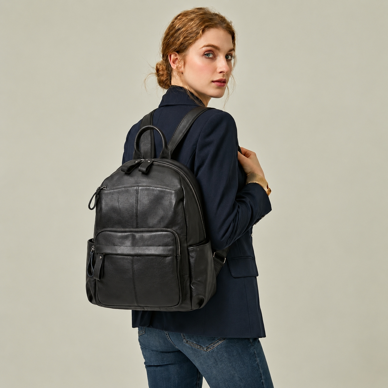 Rucsac dama, Ananda GT2050, piele naturala, Negru — imaginea 2