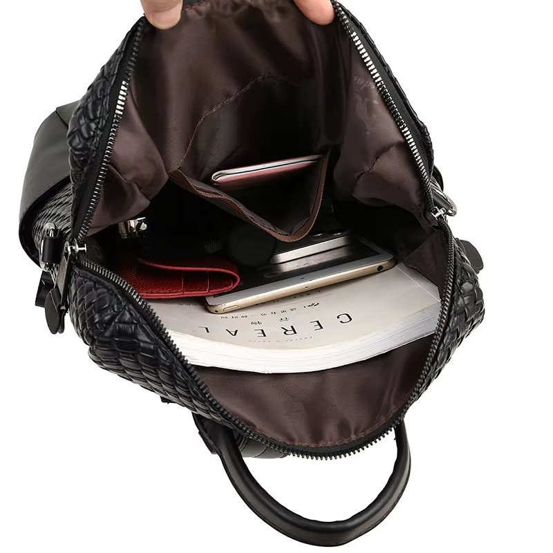 Rucsac damă piele ecologică texturată, buzunar lateral, negru — imaginea 5