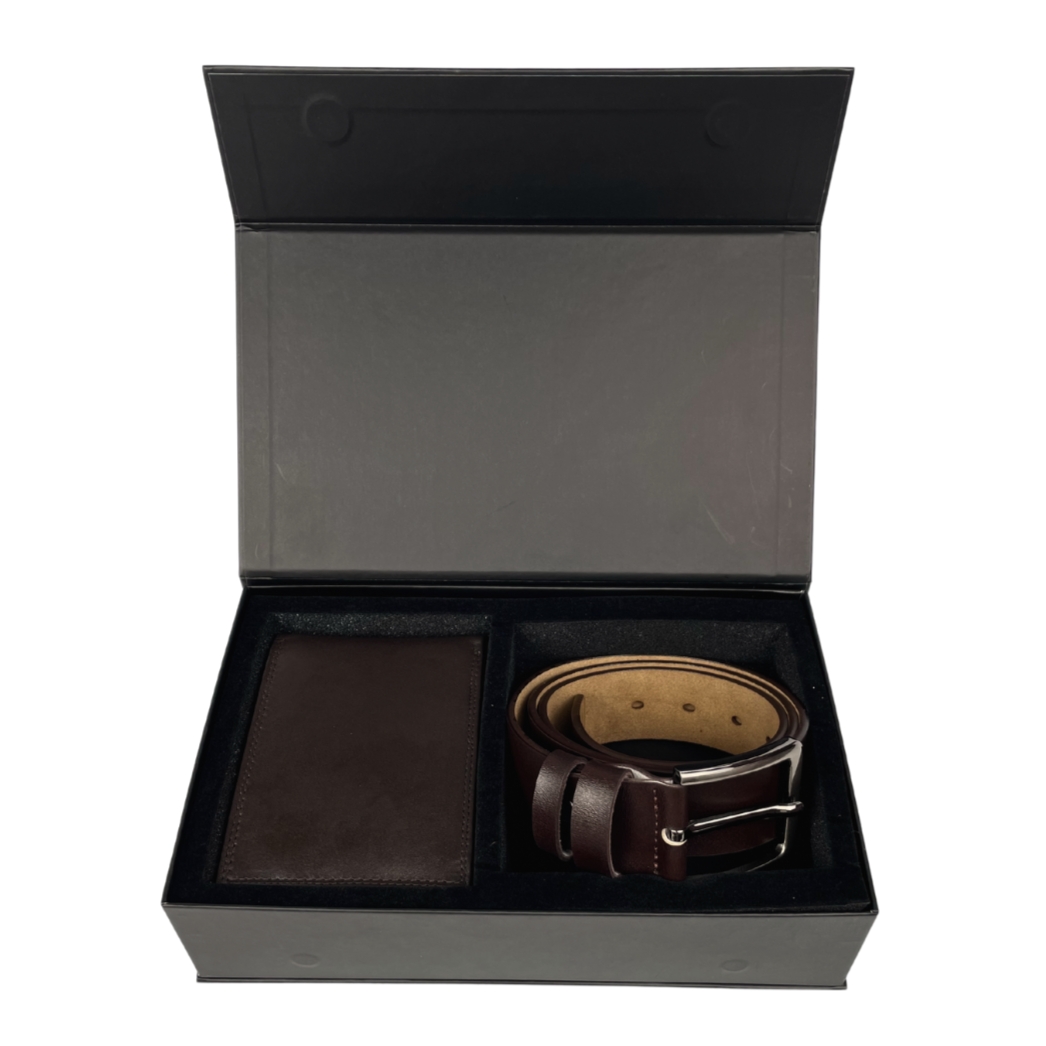 Set cadou pentru barbati, Portofel + Curea, piele naturala, model elegant, Maro, SET4
