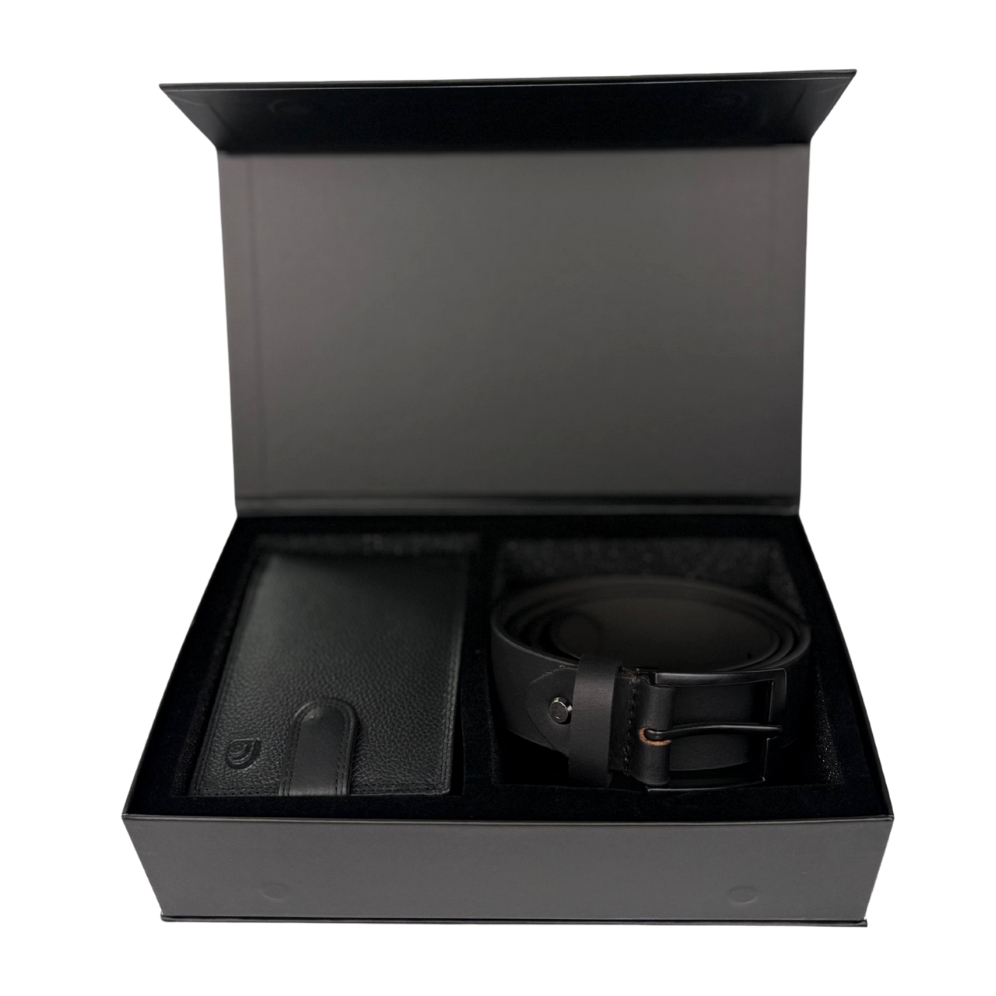 Set cadou pentru barbati, Portofel + Curea, piele naturala, model elegant, Negru, SET10