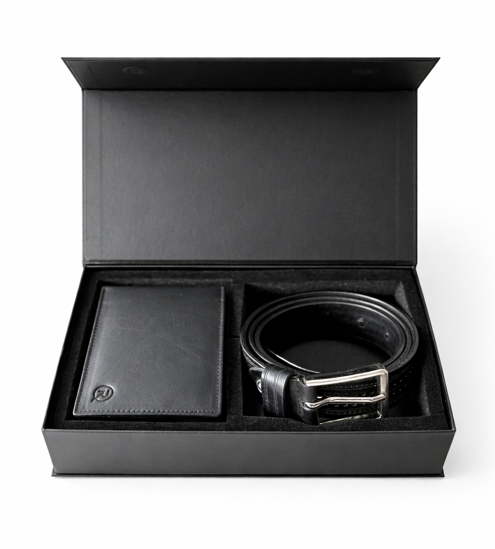 Set cadou pentru barbati, Portofel + Curea, piele naturala, model elegant, SET31, Negru