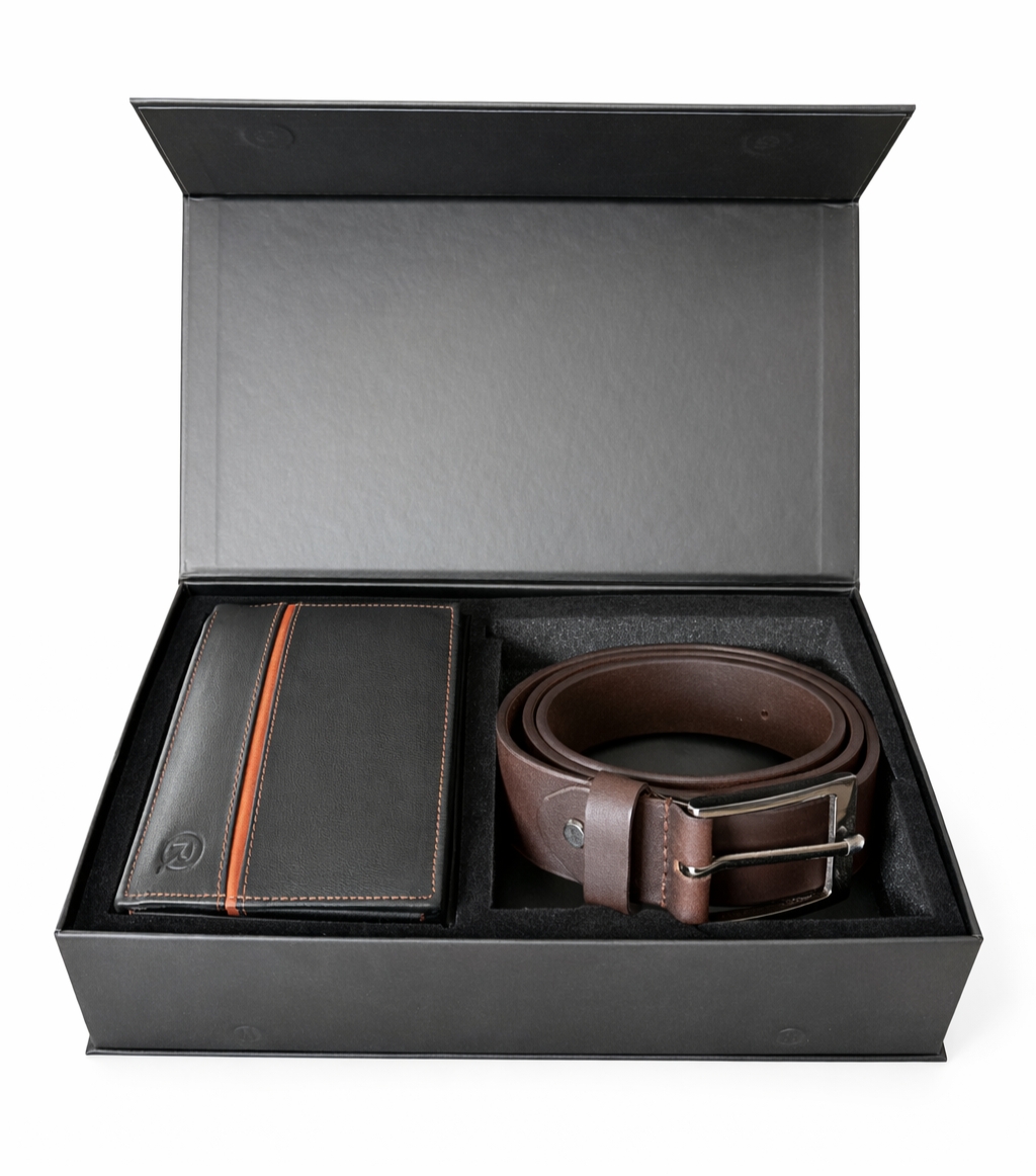 Set cadou pentru barbati, Portofel + Curea, piele naturala, model elegant, SET35, Maro /Negru