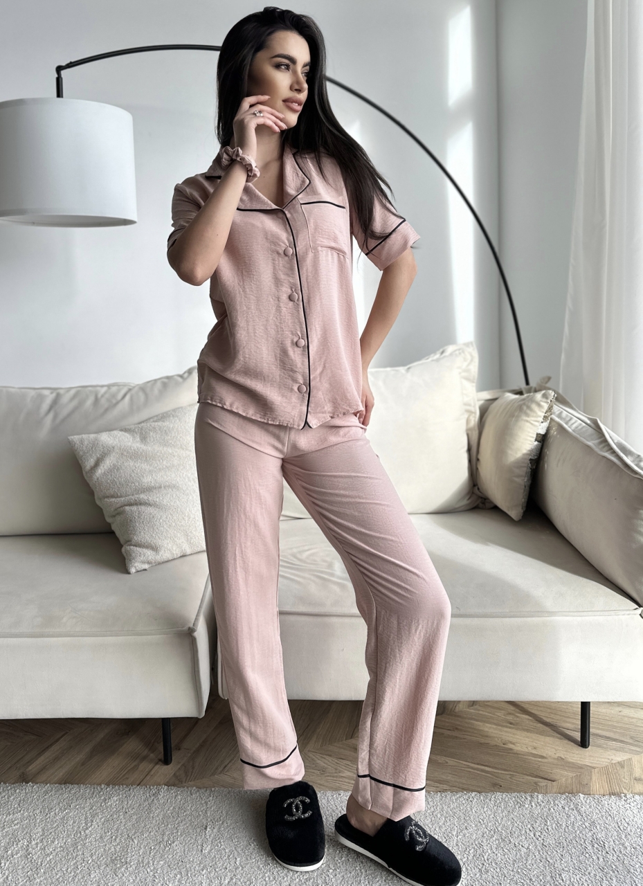 Set pijama dama din doua piese, cu nasturi – 2300132, Crem