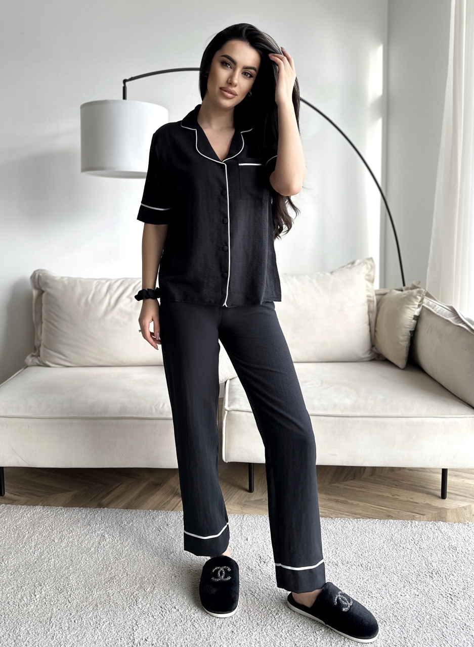Set pijama dama din doua piese, cu nasturi – 2300134, Negru