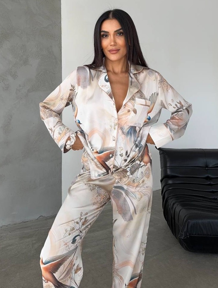 Set pijama dama din doua piese, cu nasturi – 2401756, Print pasari, Bej - imagine 3