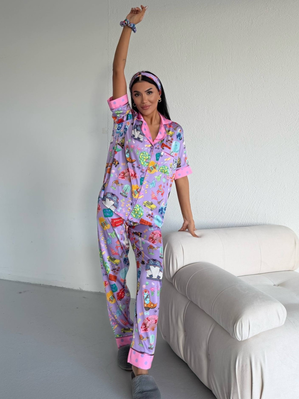 Set pijama dama din doua piese, cu nasturi – 2500378, Lilac Fantasy - imagine 5