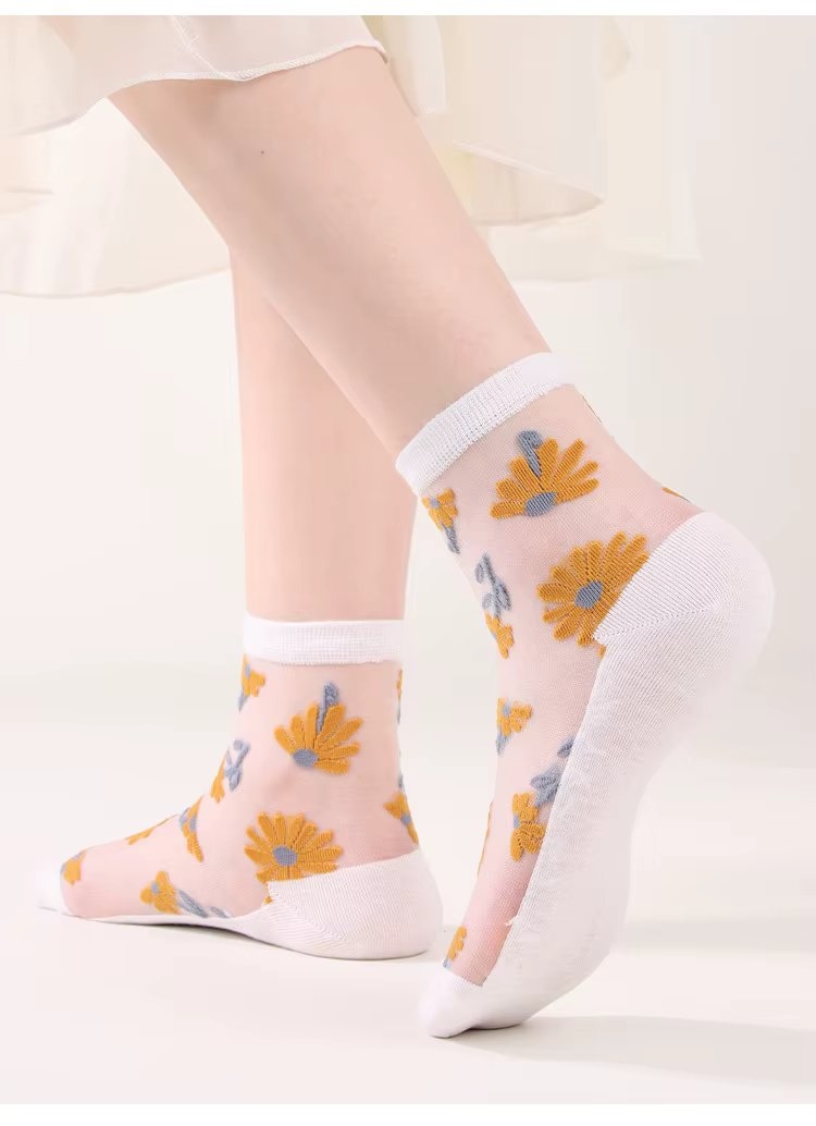 Sosete de dama, SS0206, model flori, Albastru, marime universala - 1 | YEO