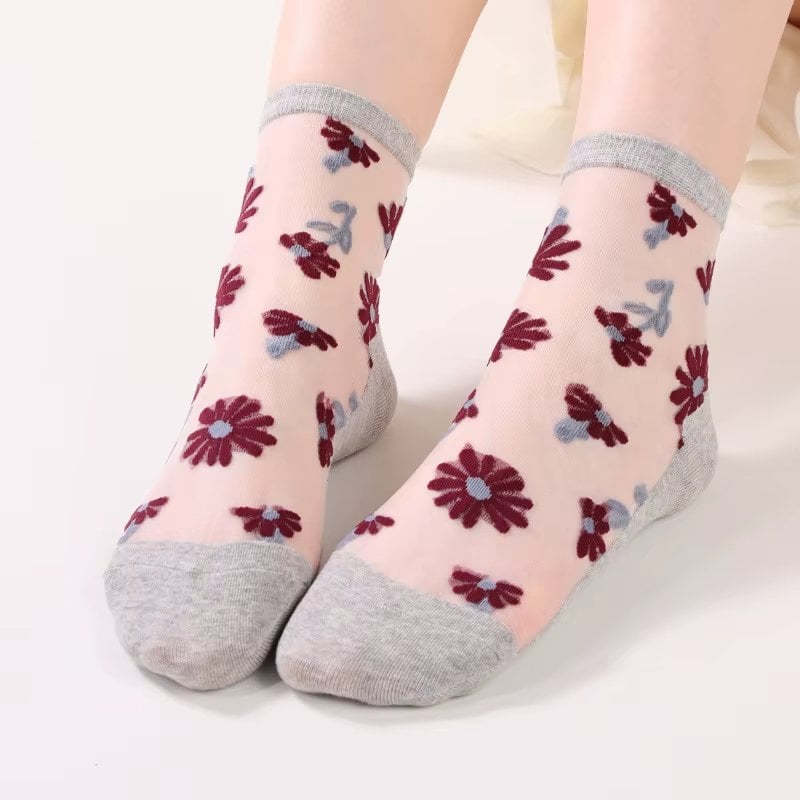 Sosete de dama, SS202, model flori, Gri, marime universala (35-39)