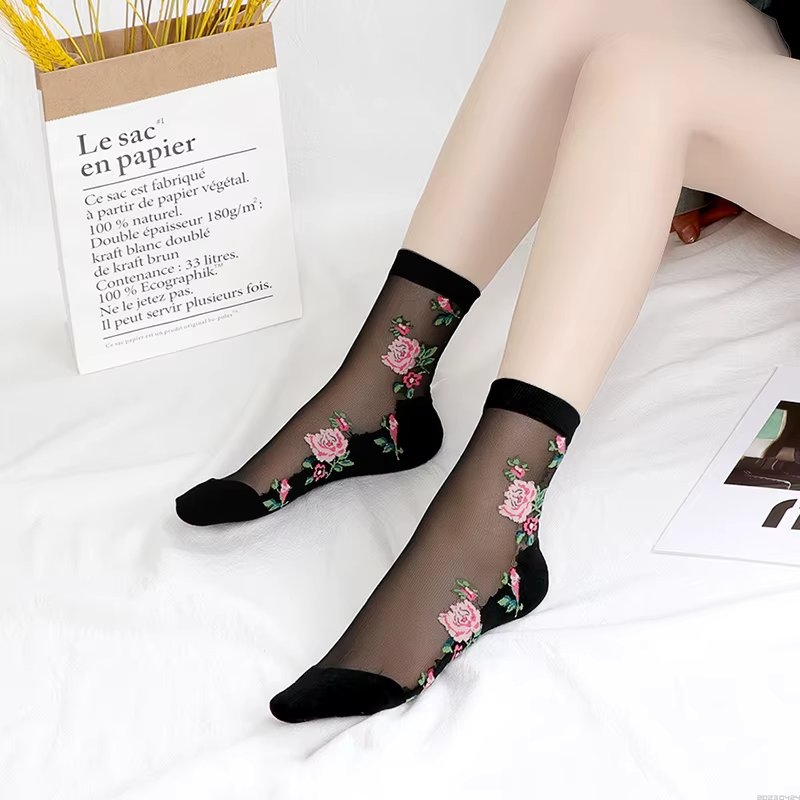 Sosete pentru dama, SS0155, model flori, Negru, marime universala