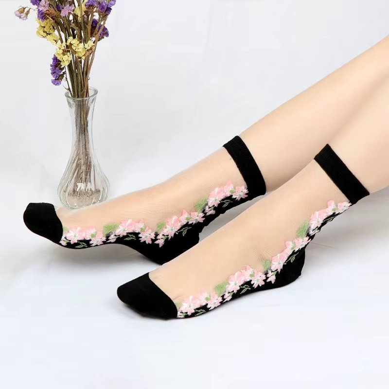 Sosete pentru dama, SS0160, model flori, Alb/Negru, marime universala