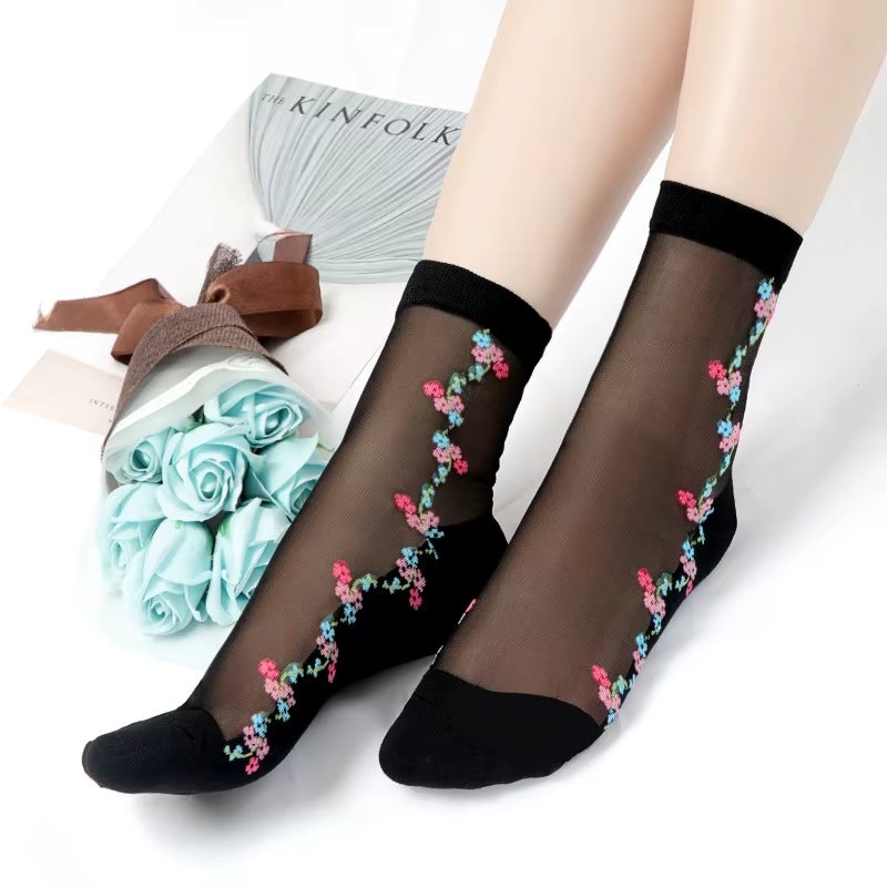 Sosete pentru dama, SS0165, model flori, Negru, marime universala