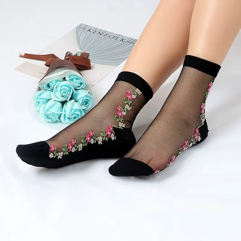 Sosete pentru dama, SS0175, model flori, Negru, marime universala