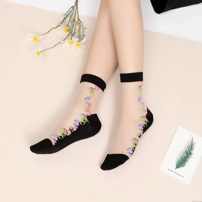 Sosete pentru dama, SS170, model flori, Alb/Negru, marime universala