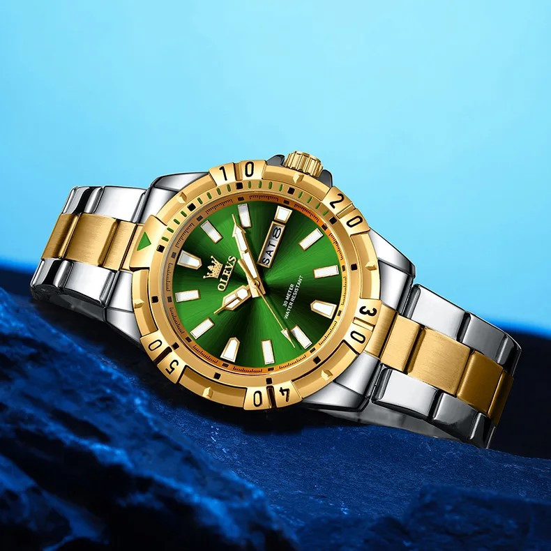 Ceas bărbătesc Olevs, oțel inoxidabil bicolor, bezel gradat, cadran verde cu dată CS1609 — imaginea 3