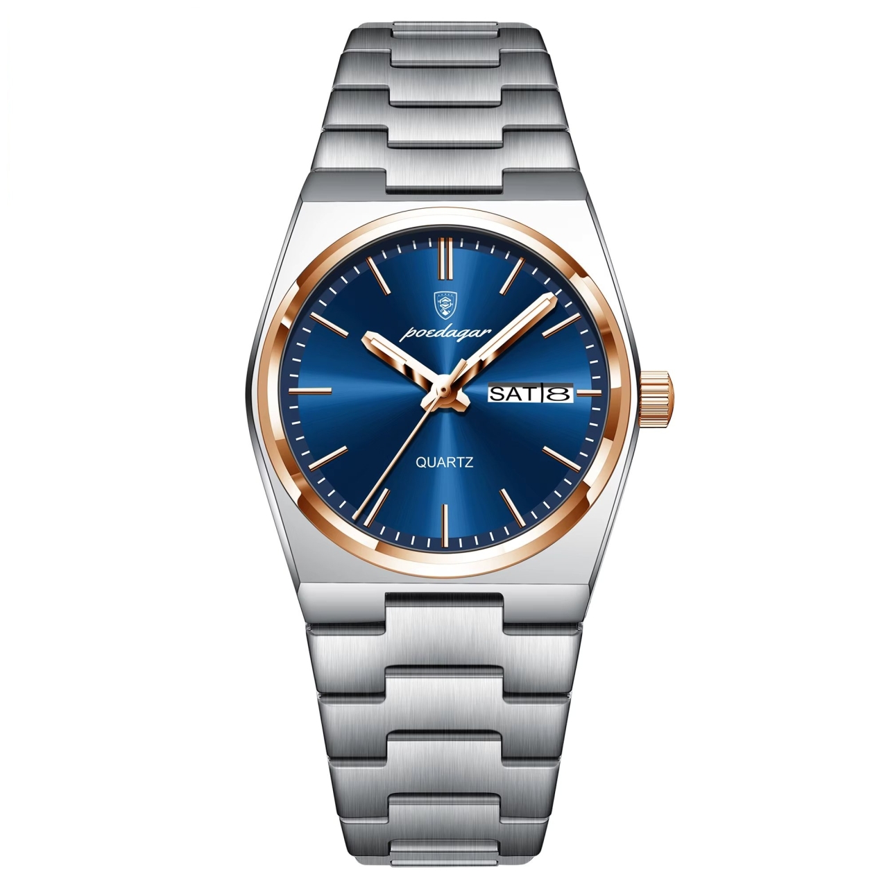 Ceas barbatesc Poedagar CS1795, otel inoxidabil, argintiu-rose gold, cadran albastru