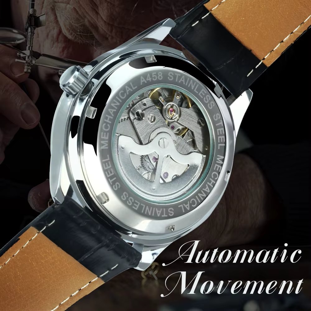 Ceas barbatesc Winner CS1733, automatic, piele naturala, negru, cadran alb