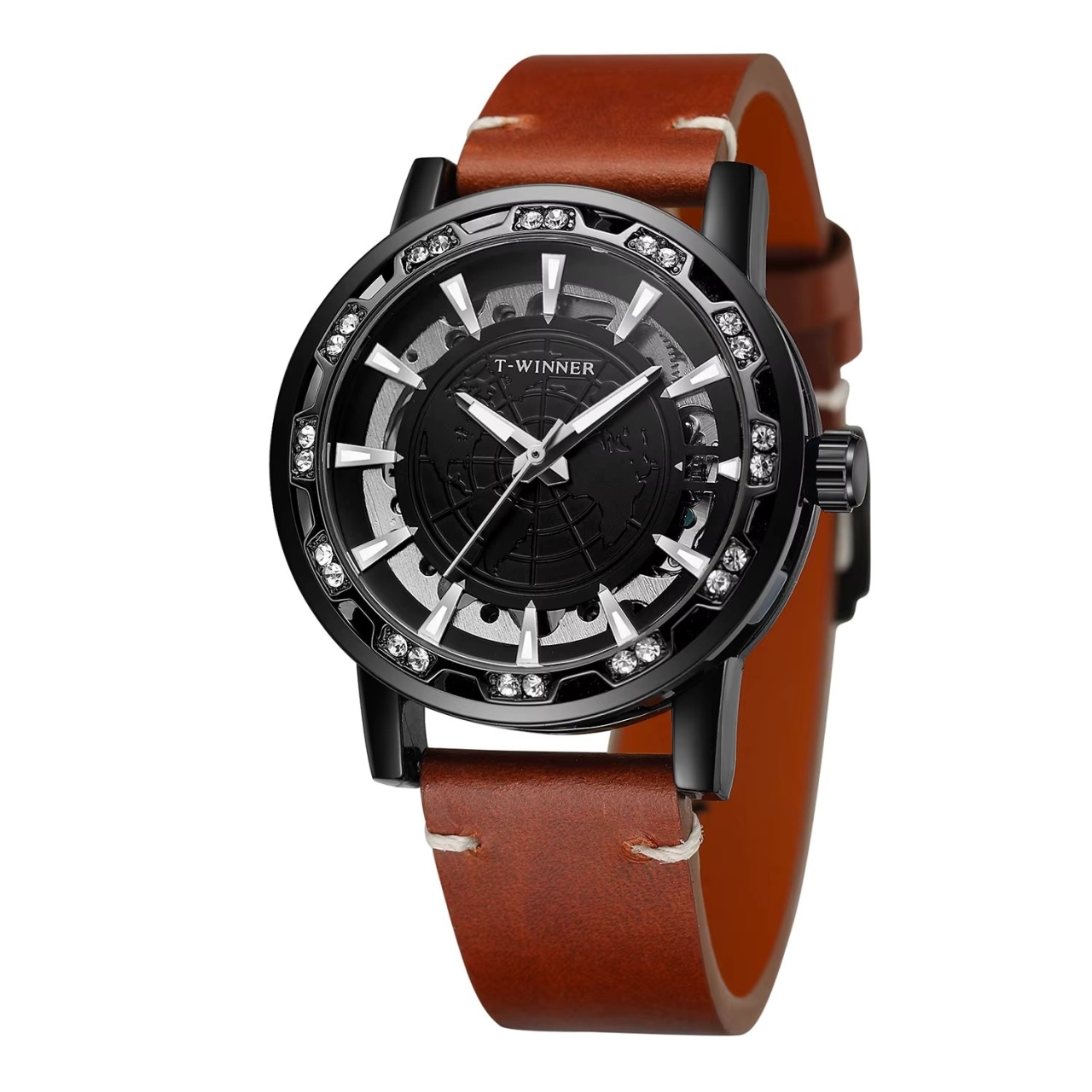 Ceas barbatesc Winner CS1747, automatic, piele naturala, maro, cadran negru