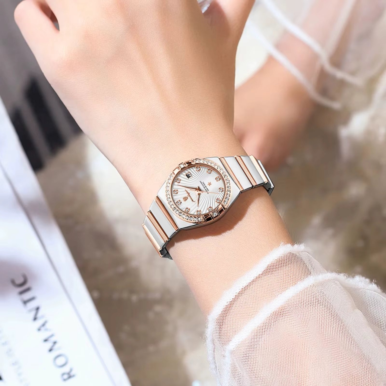 Ceas de dama Poedagar CS1866, otel inoxidabil, argintiu-rose gold, cadran alb - 1 | YEO