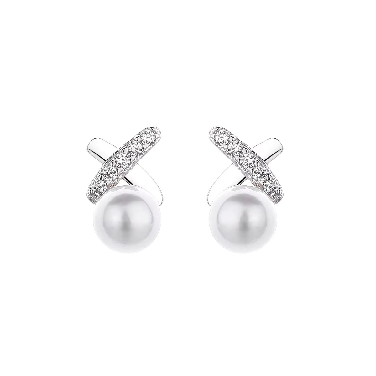 Cercei argint 925, JW1614, model X cu perla, placati cu rodiu