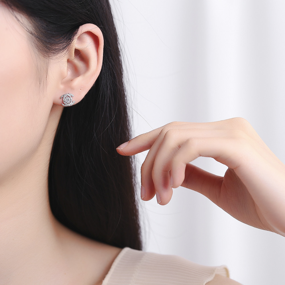 Cercei damă argint 925 placat cu rodiu, zirconiu, model floral, alb — imaginea 2