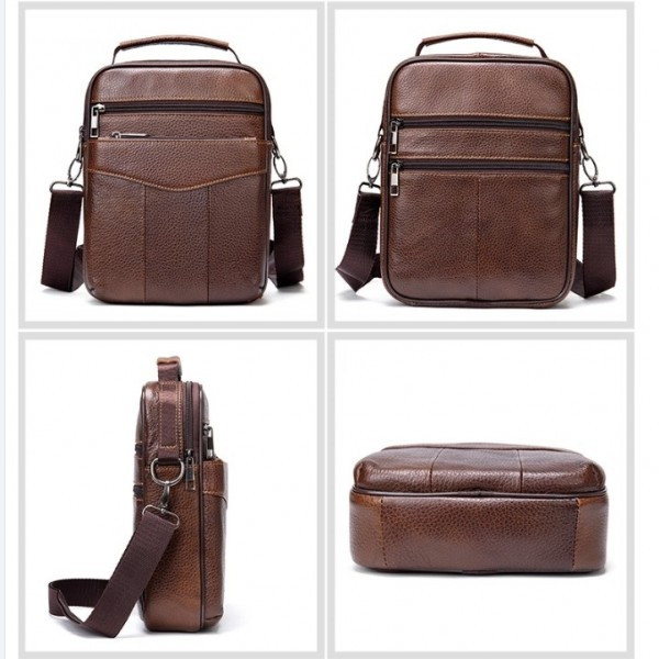 Geantă bărbați piele naturală, crossbody cu buzunare cu fermoar, maro — imaginea 8