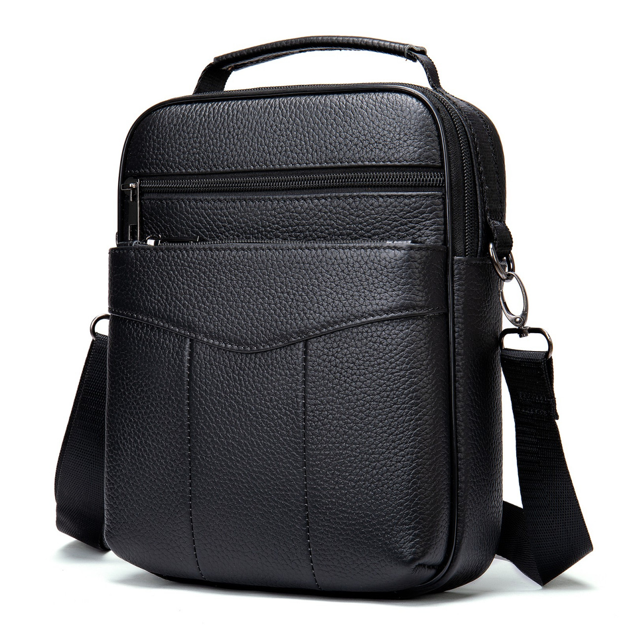 Geantă bărbați piele naturală, crossbody cu mâner și buzunar frontal, neagră