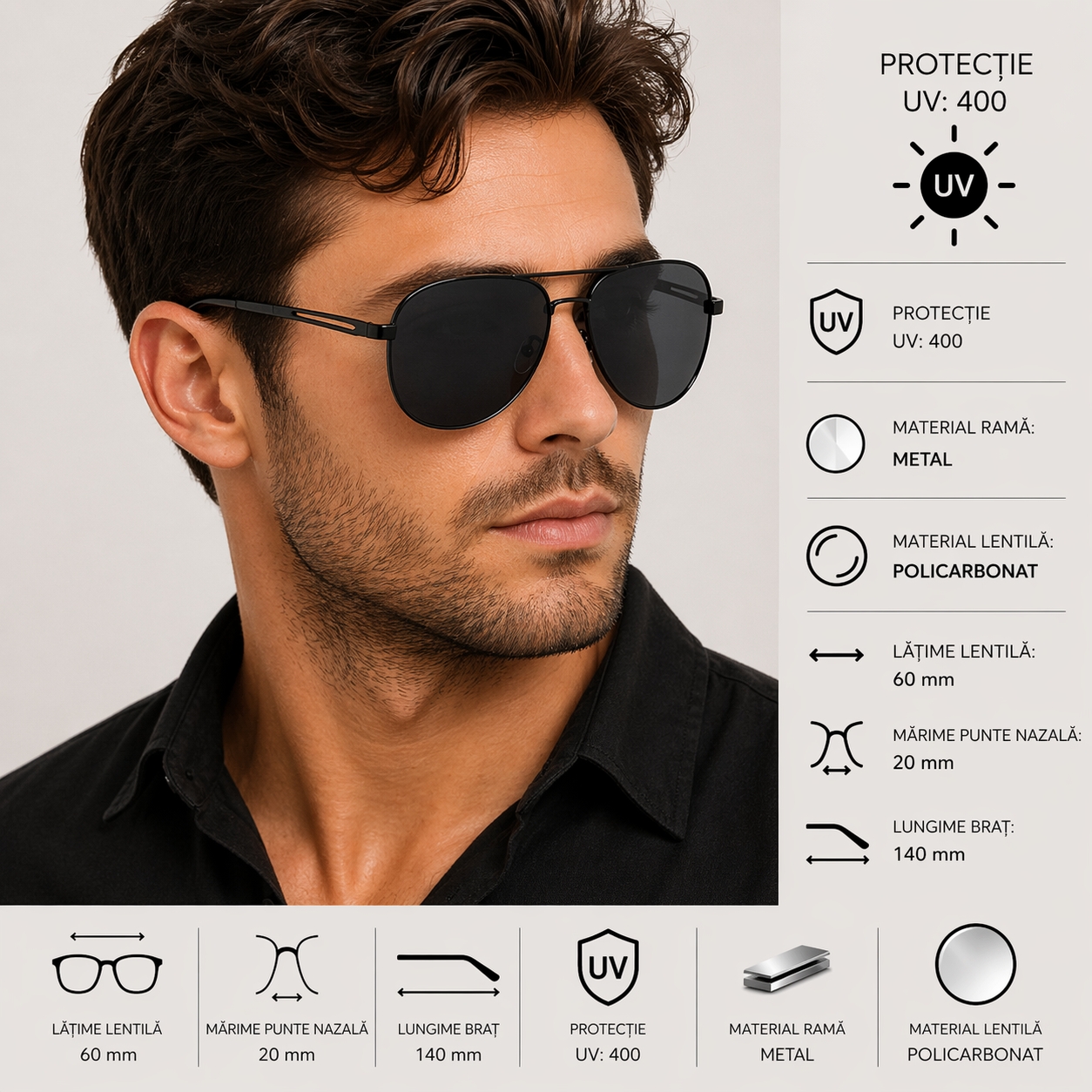 Ochelari de soare bărbați tip aviator, ramă metalică, lentile negre, SG045 — imaginea 2