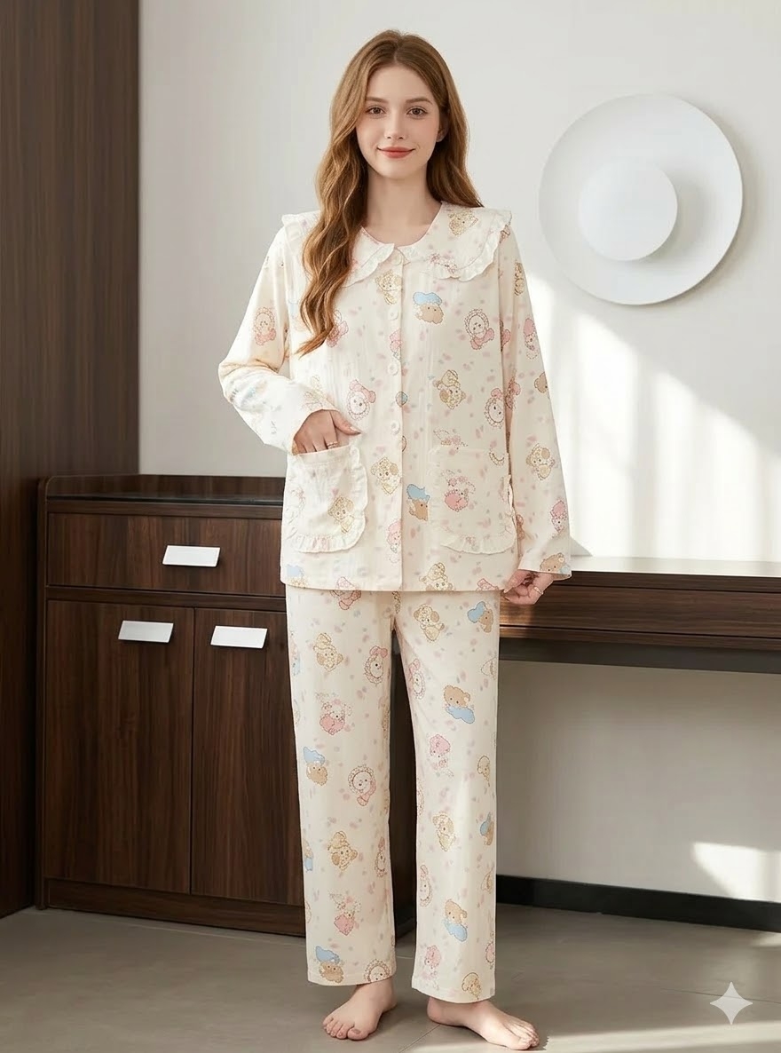 Pijama dama cu guler mare, din doua piese, PJ011, Bej