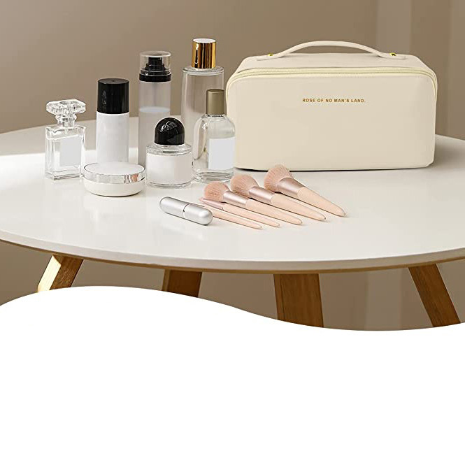 Portfard damă piele ecologică, geantă cosmetice cu mâner și fermoar, crem — imaginea 3