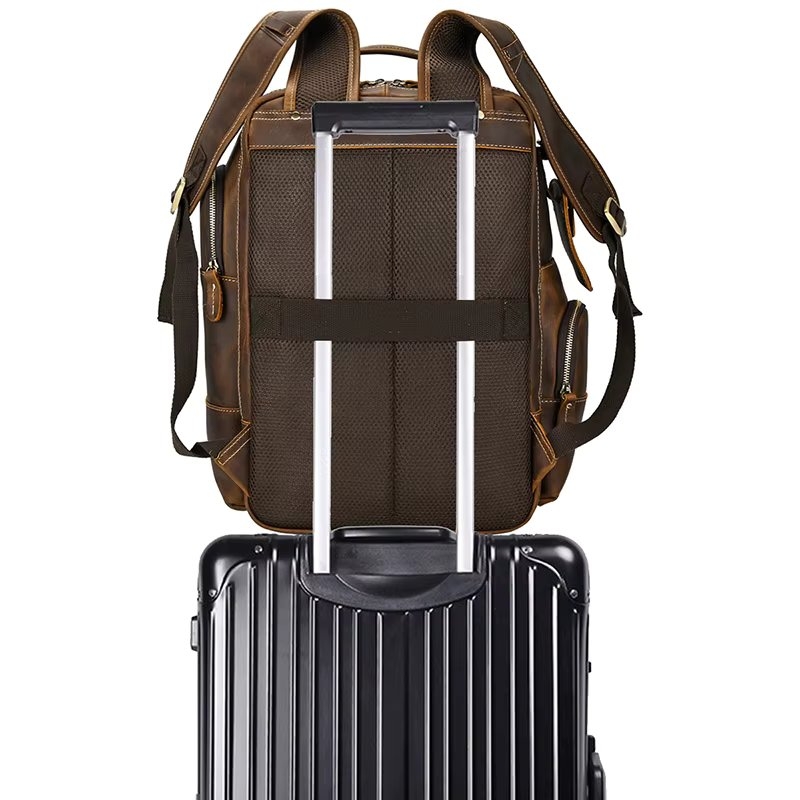 Rucsac bărbați piele naturală, buzunare multiple cu fermoar, maro cafeniu — imaginea 4