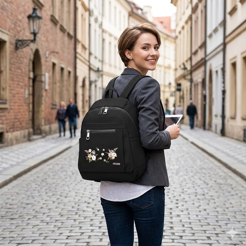 Rucsac damă material textil, broderie florală, buzunar frontal, negru — imaginea 2