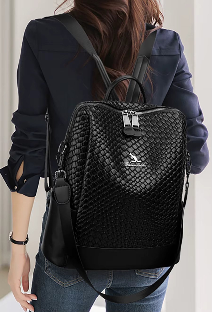 Rucsac damă piele ecologică texturată, buzunar lateral, negru — imaginea 2