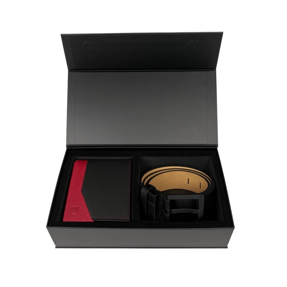 Set cadou pentru barbati, Portofel + Curea, piele naturala, model elegant, Negru/rosu, SET5