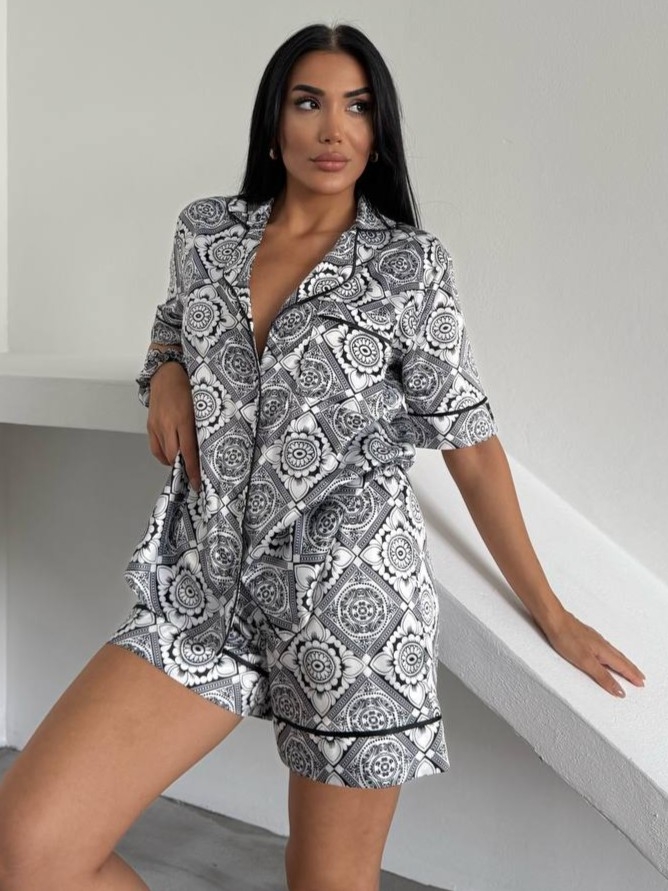 Set pijama dama din doua piese, cu nasturi – 2500162, Black Mosaic