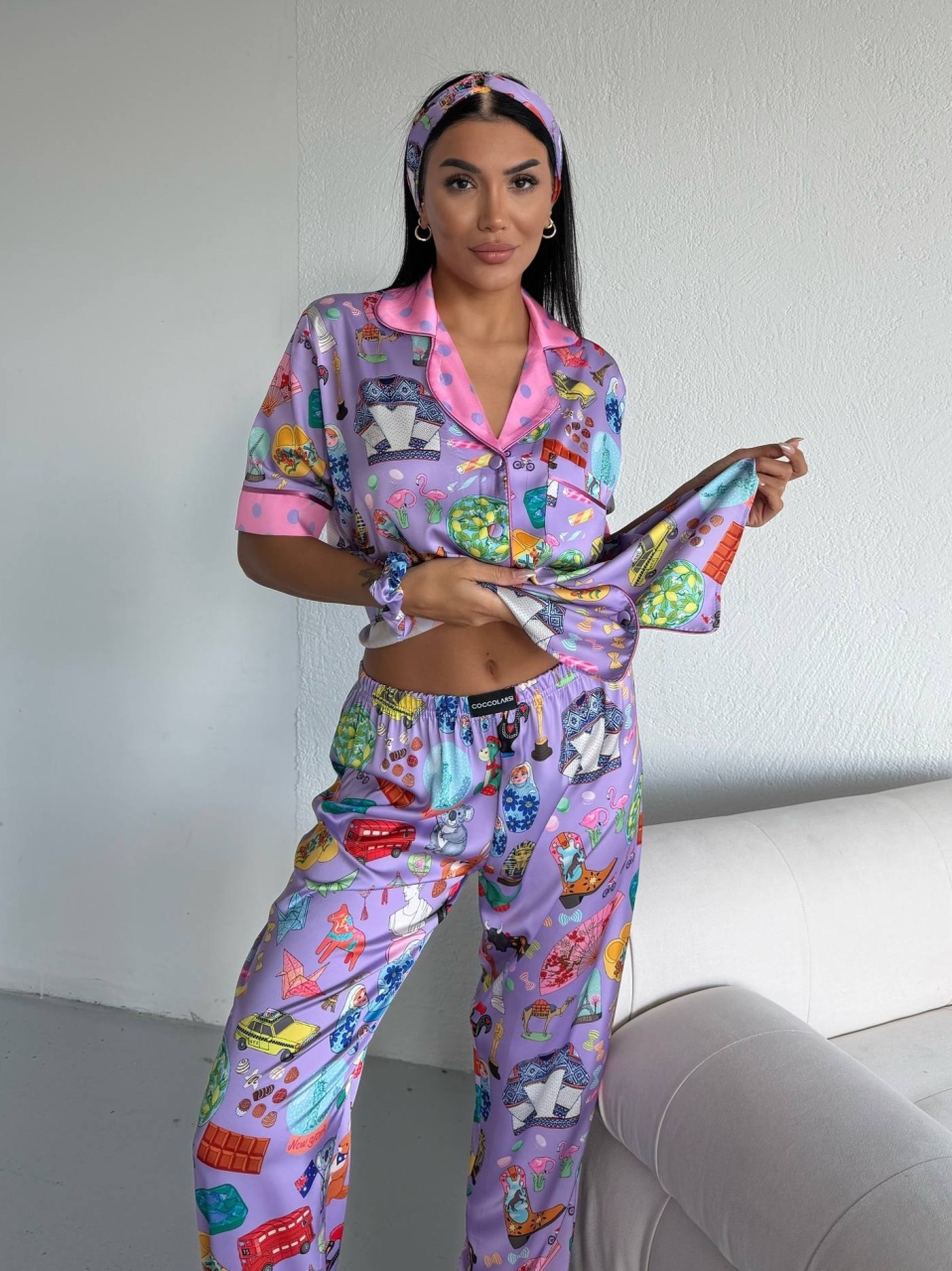 Set pijama dama din doua piese, cu nasturi – 2500378, Lilac Fantasy - imagine 3