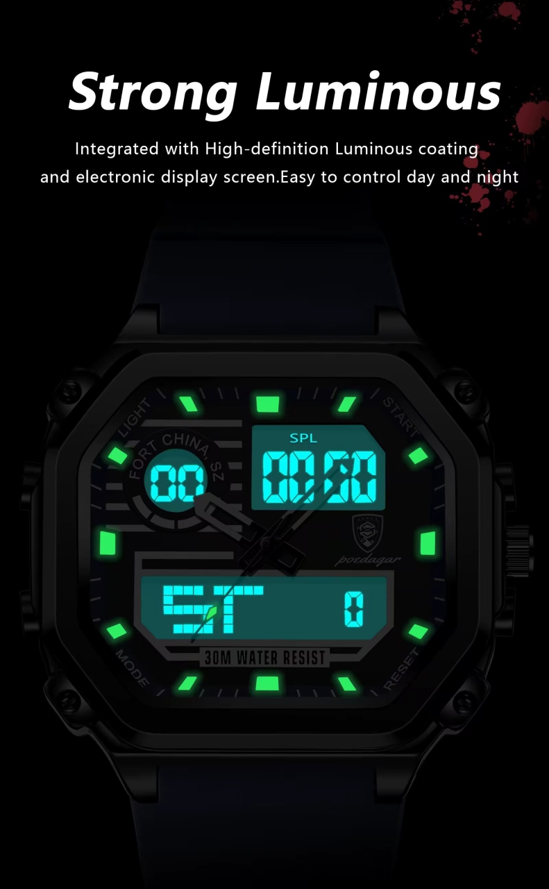 Ceas barbatesc digital Poedagar CS1764, silicon, verde, cadran negru - 2 | YEO