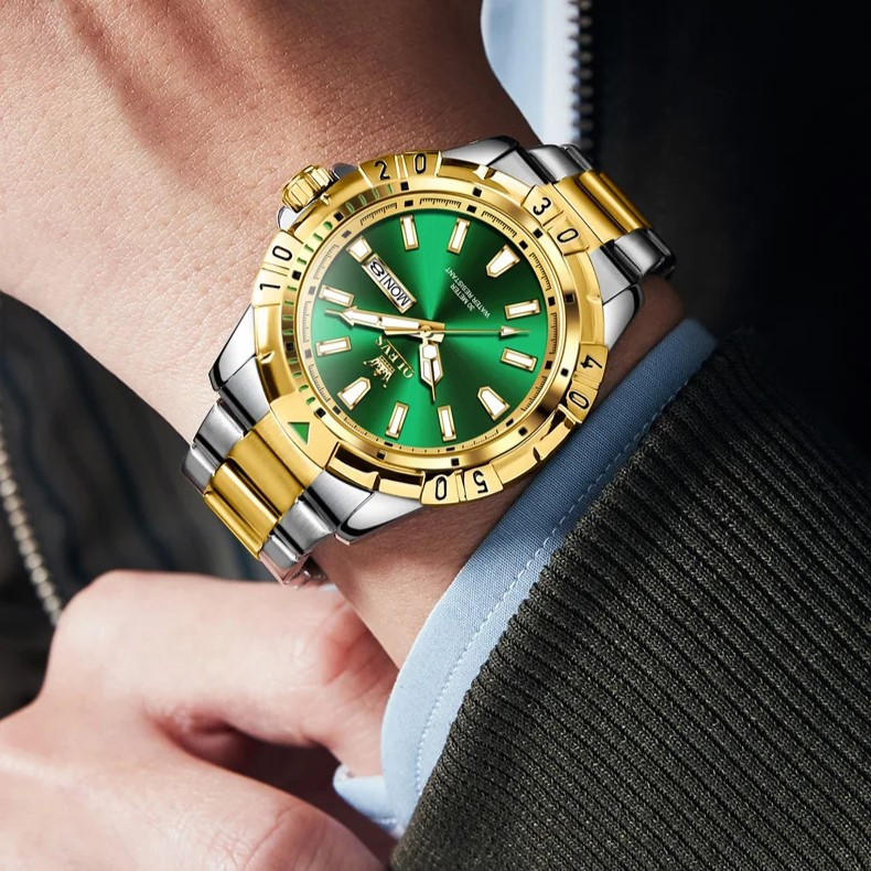 Ceas bărbătesc Olevs, oțel inoxidabil bicolor, bezel gradat, cadran verde cu dată CS1609 — imaginea 5