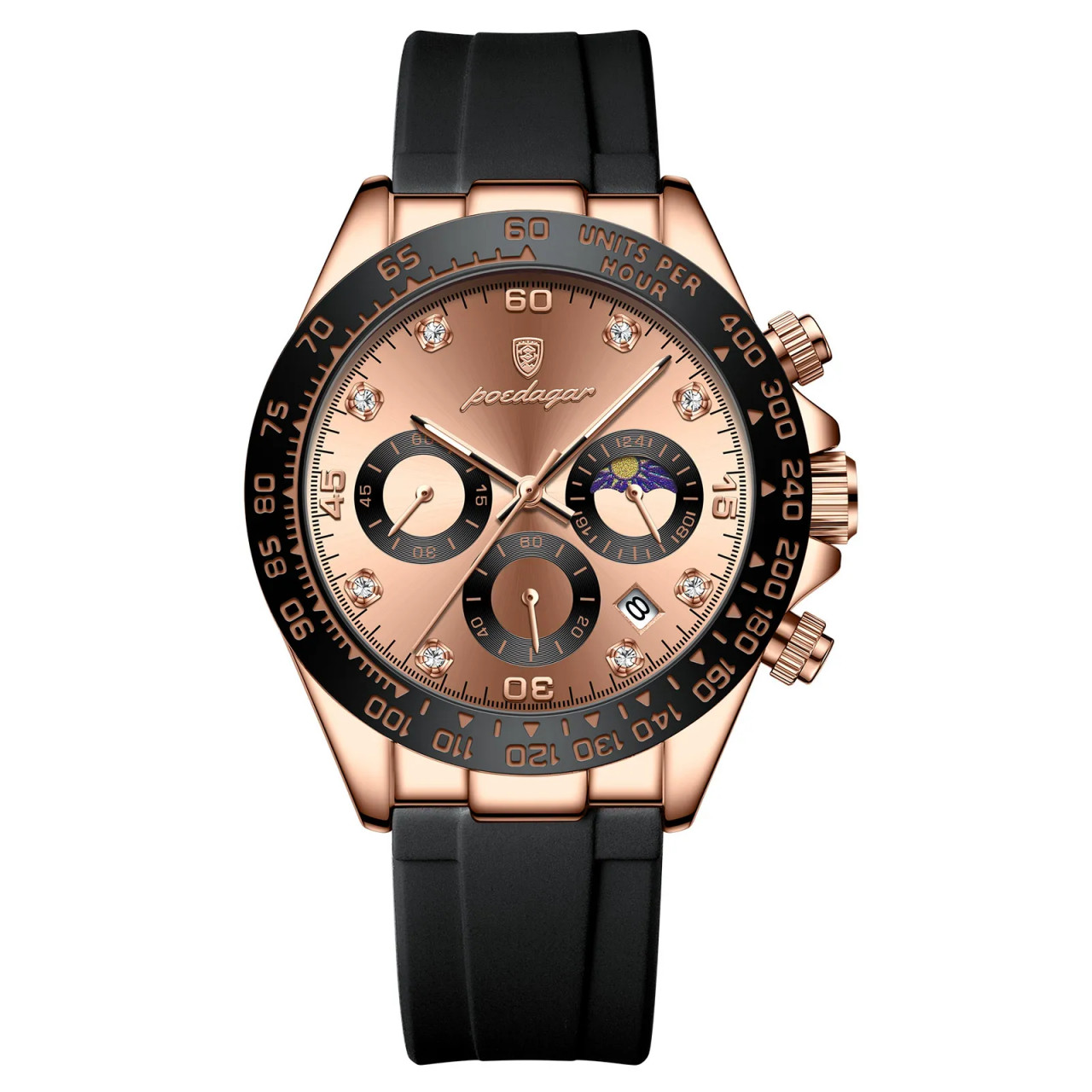 Ceas bărbătesc Poedagar cronograf, curea silicon neagră, cadran rose gold, CS1483