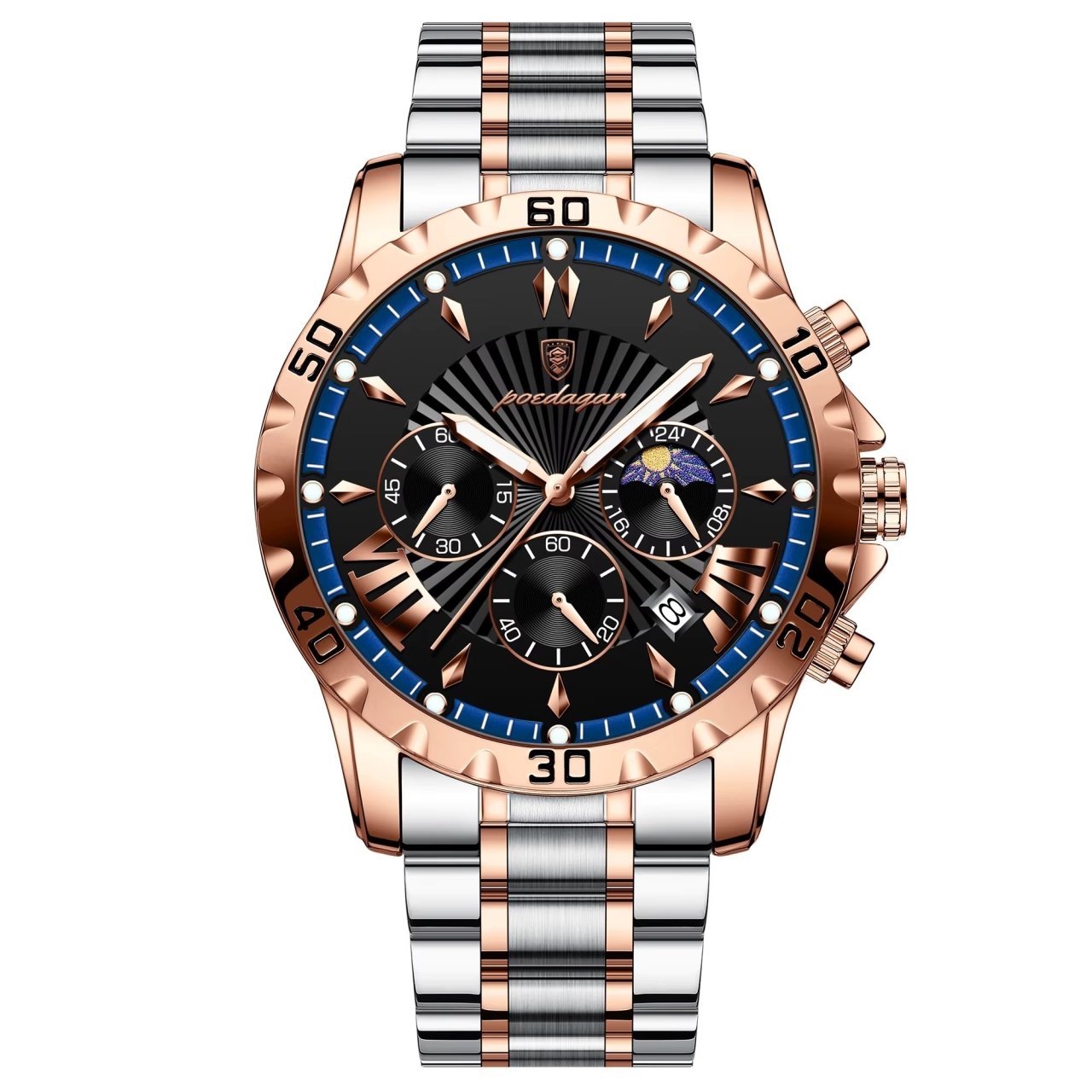 Ceas barbatesc Poedagar CS1816, otel inoxidabil, argintiu-rose gold, cadran negru