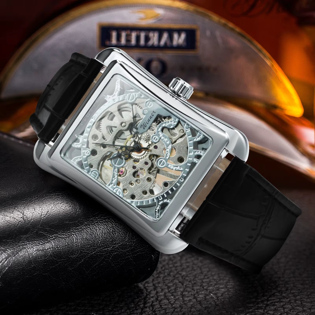 Ceas barbatesc Winner CS1744, automatic, piele naturala, negru, cadran argintiu